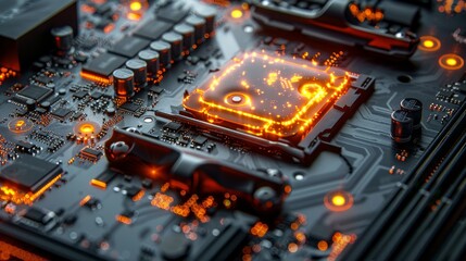 Poster - Closeup of a glowing CPU on a black motherboard with orange light.
