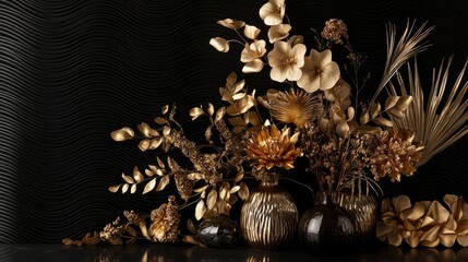 Poster - Wave-patterned black background with gold dried flowers, a luxurious, tropical-inspired arrangement