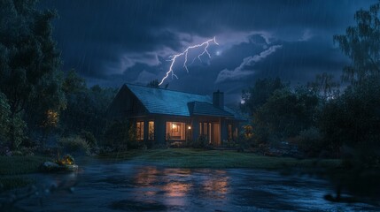 Poster - A house is shown in the rain with a lightning bolt in the sky