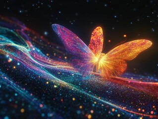 Poster - Glowing butterfly trail made of bright flowing colors flying through a cosmic landscape symbolizing the transformative power of imagination and creativity