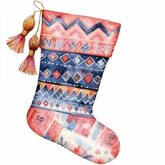 Poster - Watercolor of a Christmas with boho inspired tassels and geometric patterns in pastel colors isolated on a white background  Festive cozy and elegant holiday decor design