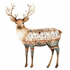 Poster - Boho Watercolor Reindeer with Tribal Patterns on Natural Background   Adorned Reindeer Silhouette in Earthy Tones Isolated on White Minimalist Animal Clipart Design for Holiday Decor