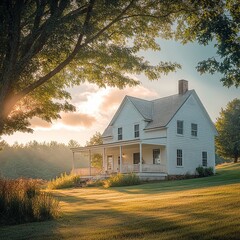 Large farmhouse with gabled roofs and a wraparound porch