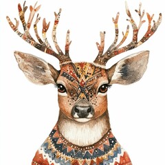 Wall Mural - Watercolor of a boho style Christmas deer with tribal pattern fur and earthy tone colors isolated on a white background  Ideal for holiday decor greeting cards invitations