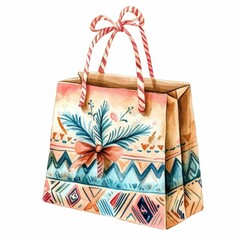 Watercolor Boho Christmas Gift Bag with Tribal Designs Festive holiday design for wrapping crafting or decorative use  Colorful hand painted and clipart