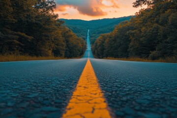 Wall Mural - A quiet highway stretches through lush trees under a vibrant sunset in the countryside