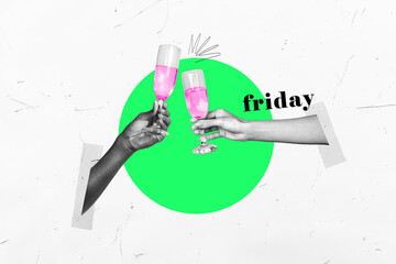 Collage sketch image of happy cheerful people enjoying friday drinking champagne cheers isolated on drawing background