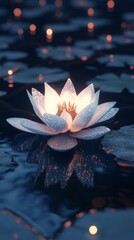 Canvas Print - A beautiful glowing lotus flower floating on calm water during a serene night