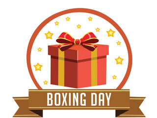 Wall Mural - boxing day poster design with gift box inside circular frame and stars on white background.