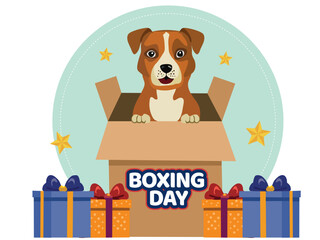 Wall Mural - boxing day poster design with cartoon dog inside carton box and presents on white background.