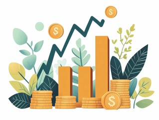 Poster - Upward Trending Bar Graph with Coins Representing Profitable Market Growth and Financial Success  Isolated on White Background