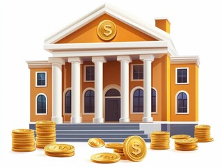 Poster - Illustrative icon of a bank building with dollar symbols and coins representing financial institutions isolated on a white background  Depicting the concepts of finance banking investment