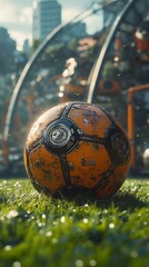 Wall Mural - Golden soccer ball resting on grass with sunlight reflecting during a vibrant match atmosphere