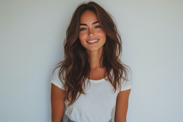 Wall Mural - Young woman with long hair poses confidently in a white shirt against a neutral background