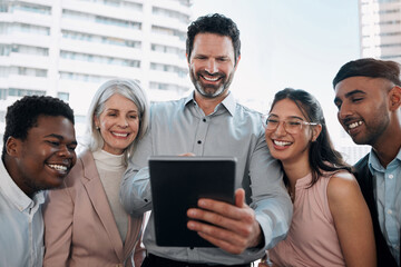 Aufkleber - Group, tablet and happy business people in office for connection, online schedule or planning in city. Networking, men and women with website on digital app for project management, teamwork or ideas