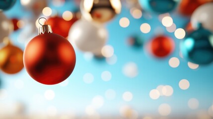 Wall Mural - This image features a close-up of a red Christmas ornament surrounded by a soft bokeh background, creating a festive and warm holiday atmosphere.