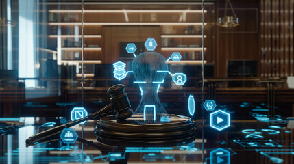 Poster - Augmented reality display in a modern office visualizing AI legal regulations, with floating icons for data privacy, security shields, and ethical standards surrounding a holographic gavel.