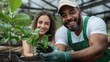 © Pinklife - A smiling couple in a greenhouse is happily planting new seedlings, embodying togetherness, nature, and shared goals in a vibrant, lush setting.