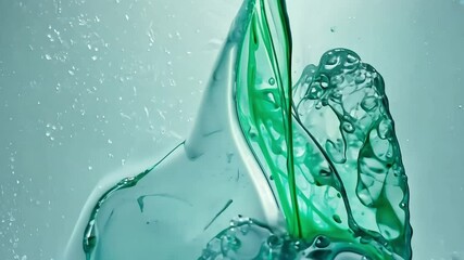 Poster - Green liquid splashes against a light blue background, forming stunning fluid art patterns that highlight dynamic movement and vibrant hues, creating a captivating visual spectacle