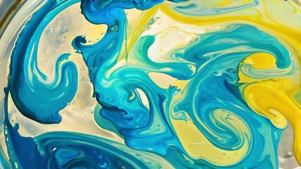 Poster - Artist is mixing blue and yellow paint in a water, creating an abstract pattern. The colors are swirling and blending together