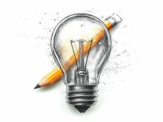 Poster - of a pencil drawing a lightbulb symbolizing creative ideas innovation and Isolated on a white background this minimalist icon represents the spark of genius the illumination of ingenuity
