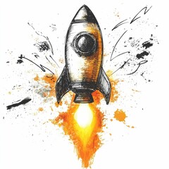 Poster - of a hand drawing a rocket with a lightbulb tip symbolizing the creation of innovative ideas and solutions  This powerful image represents the spark of drive for progress