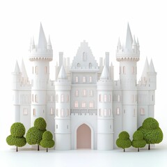 Poster - Minimalist and Elegant Castle with Tall Towers and Refined Architectural Lines Isolated on a Clean White Background with a Soft Serene Color Palette