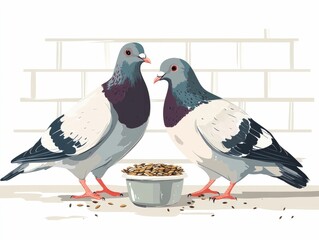 Poster - Two Pigeons Pecking at Seeds in Minimal Muted Tone   Isolated on White Background with Simple Strokes and Geometric Shapes