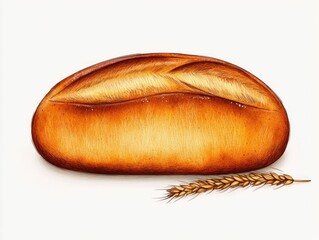 Poster - Minimalist and clean design of a bakery bread loaf made with wheat grains against a simple white background  This image has a rustic organic and natural feel suitable for various food baking