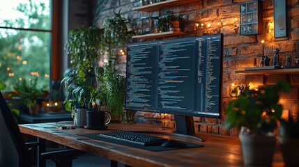A cozy workspace with a computer displaying code and plants.