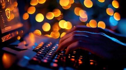 Poster - A close-up of hands typing on a keyboard with a blurred background of festive lights.