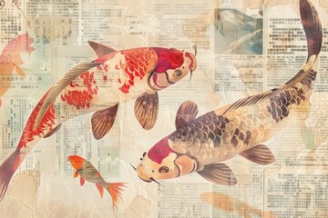 Wall Mural - Koi carp ephemera border animal fish text.