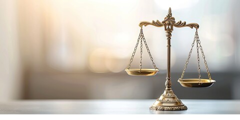 A photo of a golden scale on a table, representing justice and law with a blurred background