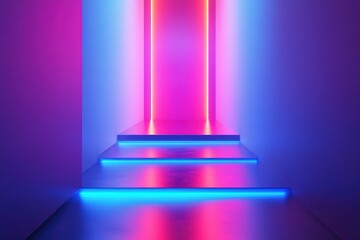 Poster - Minimalist Neon Gradient Staircase with Soft Hues Illuminated by Colorful Lights in a Modern Interior Design Setting