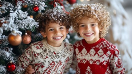 Wall Mural - Festive joy radiates from two young children in matching Christmas sweaters, their curly hair and bright smiles framed by a decorated tree with snow-dusted branches.