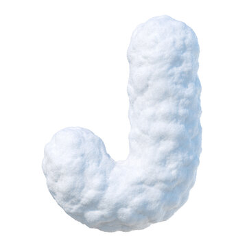 Letter J made of snow. Snowy winter font isolated on transparent background. Snow letter in bubbly icy style. Suitable for Christmas and winter season creative holiday designs. Realistic 3d rendering