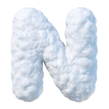 Letter N made of snow. Snowy winter font isolated on transparent background. Snow letter in bubbly icy style. Suitable for Christmas and winter season creative holiday designs. Realistic 3d rendering