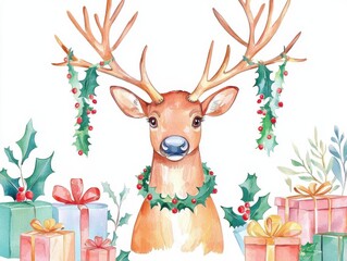 Wall Mural - Festive reindeer with garlands on antlers, surrounded by gifts and holly, colorful vintage watercolor style