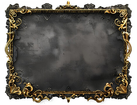 A black paper with a golden decorative border, on a white background, in a clip art style, a blank sheet for writing text, with dark gray and bronze tones, in a gothic art style