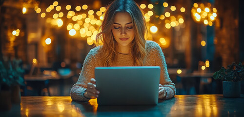 Poster - Businesswoman Strategically Browsing on Tablet In Modern Office Setting