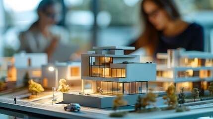 Aufkleber - Realistic Architectural Model of a Modern House with Large Windows and Urban Streetscape, Concept for Innovative Home Design, 3D Visualization in Bright Light Environment