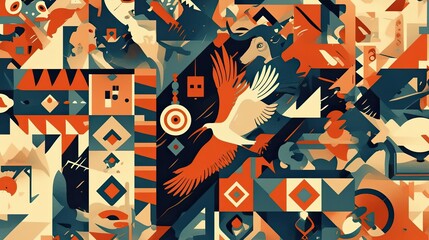 Poster - Abstract Geometric Composition with Bird and Animal Motifs