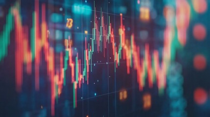 Fototapete - A holographic display of financial data with floating graphs and currency icons symbolizing real-time data analysis and insights with side empty space for text Stockphoto style