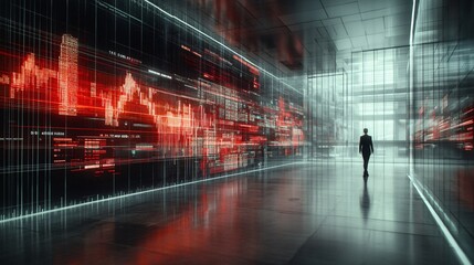 Fototapete - A holographic display of financial data with floating graphs and currency icons symbolizing real-time data analysis and insights with side empty space for text Stockphoto style