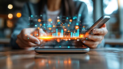 Fototapete - A smartphone app screen showing automated investment transactions with graphs tracking portfolio growth symbolizing AI-driven financial tools with side empty space for text Stockphoto style