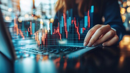 Fototapete - A laptop displaying a portfolio management app with AI analysis and predictive data charts symbolizing intelligent investment with side empty space for text Stockphoto style