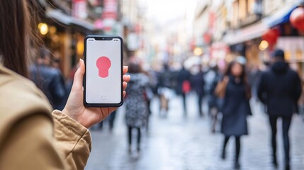 Fototapete - A person holding a smartphone with a facial recognition icon on screen representing biometric fintech security with side empty space for text Stockphoto style