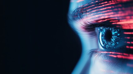 Poster - A Close-Up of an Eye Surrounded by Suspicious Neon Glitch Patterns, Representing Technology's Impact on Human Perception and Reality