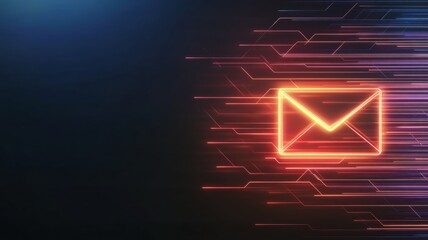 Poster - Abstract Email Warning Overlay with Neon Envelope Icon on Dark Background, Depicting Fast Communication and Digital Interaction in Modern Design