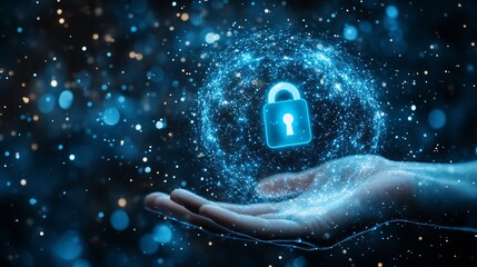 Fototapete - A hand reaching out to a floating holographic lock icon over a smartphone symbolizing fintech cyber protection with side empty space for text Stockphoto style
